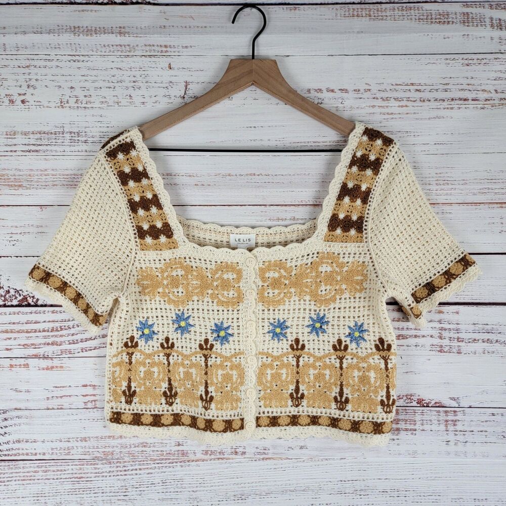 Le Lis Crochet Knit Top Button Cropped Womens Size M/L Short Sleeve Boho Beige